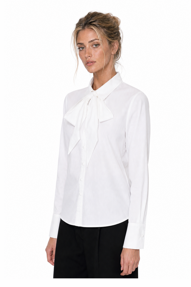 Mikael Aghal Women's Tie-Neck Long-Sleeve Cotton Poplin Shirt in White