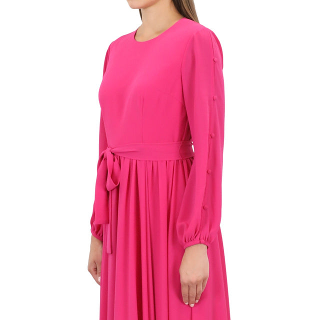 Mikael Aghal Fuchsia Long Sleeve Midi Dress with Waist Tie