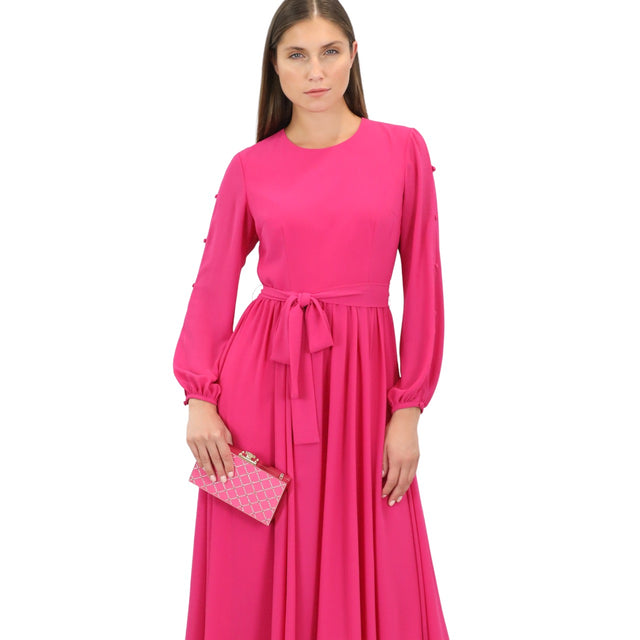 Mikael Aghal Fuchsia Long Sleeve Midi Dress with Waist Tie