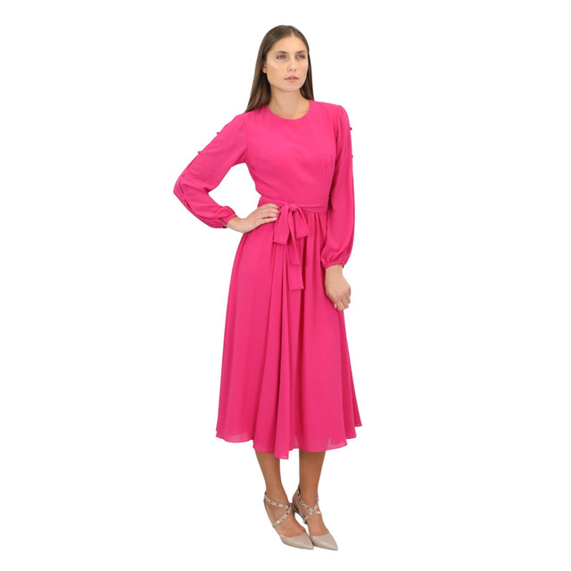 Mikael Aghal Fuchsia Long Sleeve Midi Dress with Waist Tie