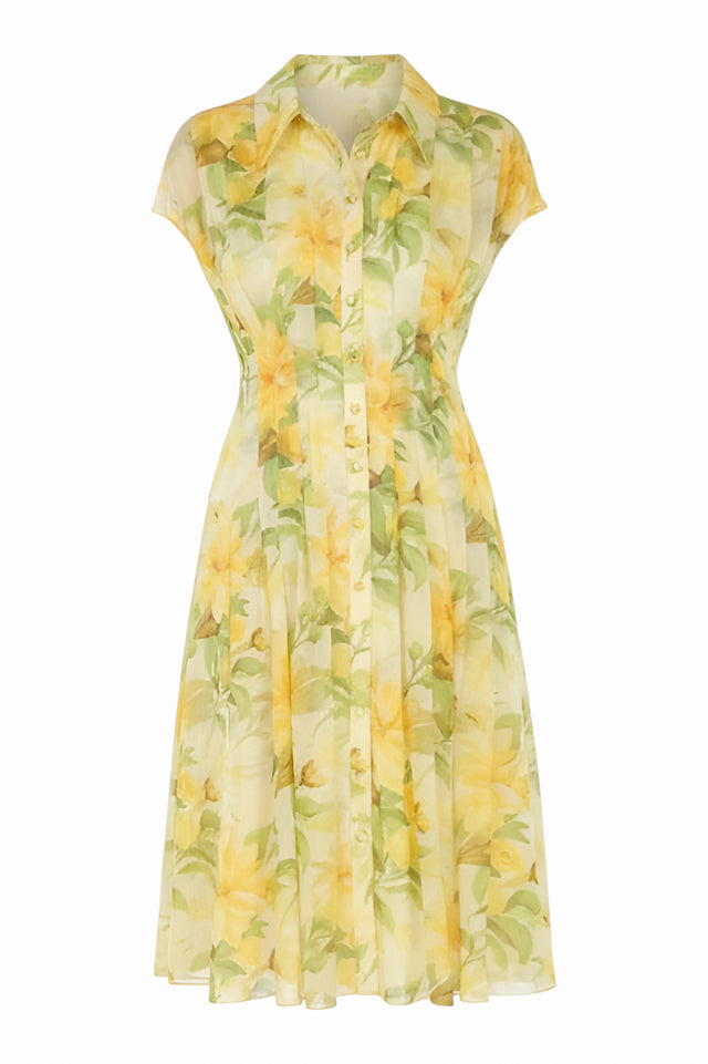 Mikael Aghal Yellow Floral Button-Front Midi Dress
