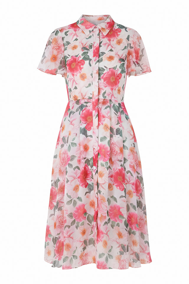 Mikael Aghal Pink & White Floral Belted Shirt Dress