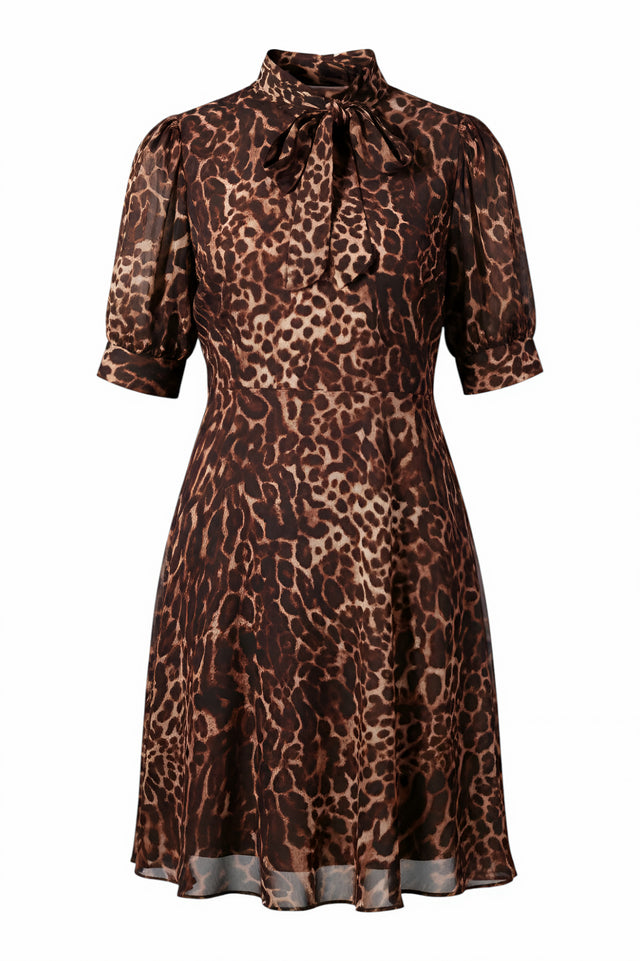 Mikael Aghal Leopard-Print Chiffon Tie-Neck Dress
