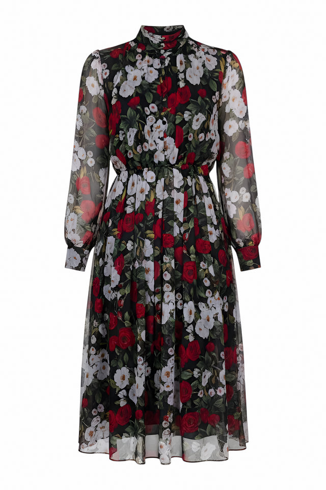 Mikael Aghal Floral Print Sheer Sleeve Midi Dress