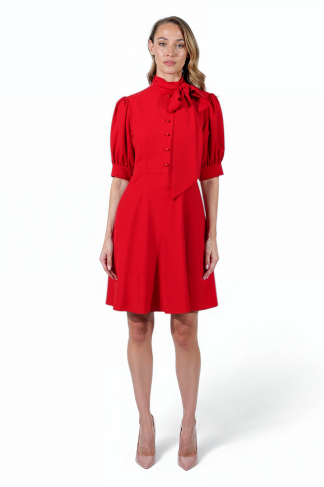 Mikael Aghal Red Crepe Fit-and-Flare Dress with Bow Tie Neck