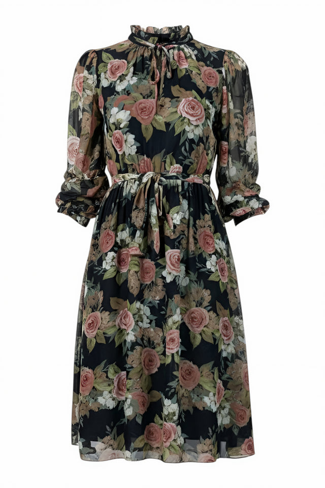 Mikael Aghal Floral Print Chiffon Midi Dress with Tie Neck