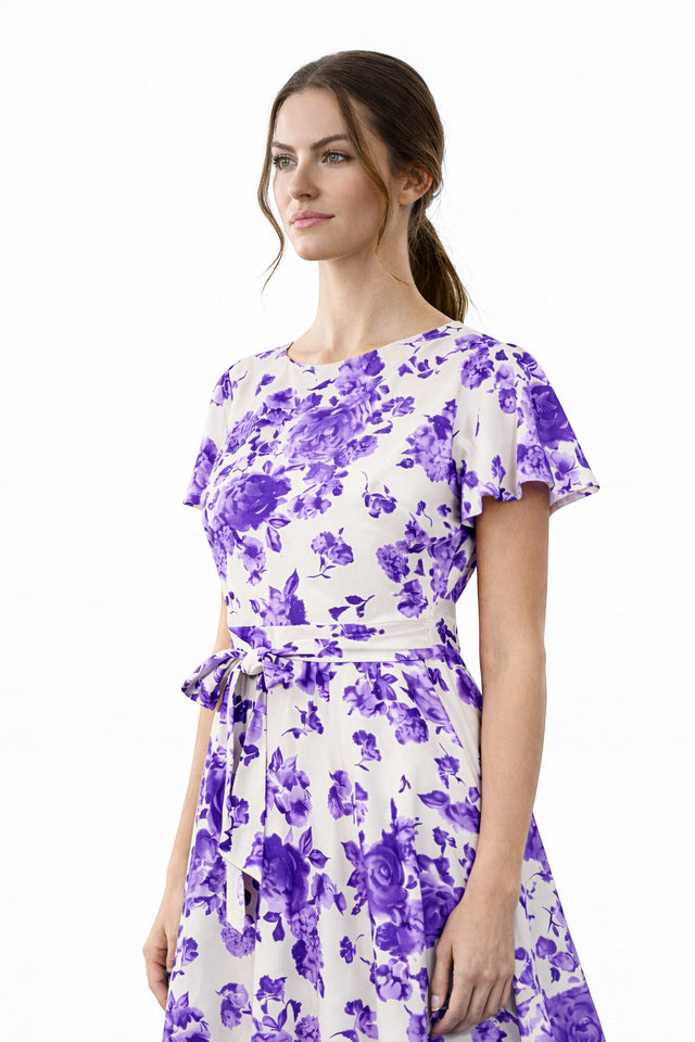 Mikael Aghal Ivory & Lavender Floral Print Short Sleeve Midi Dress with Tie Waist