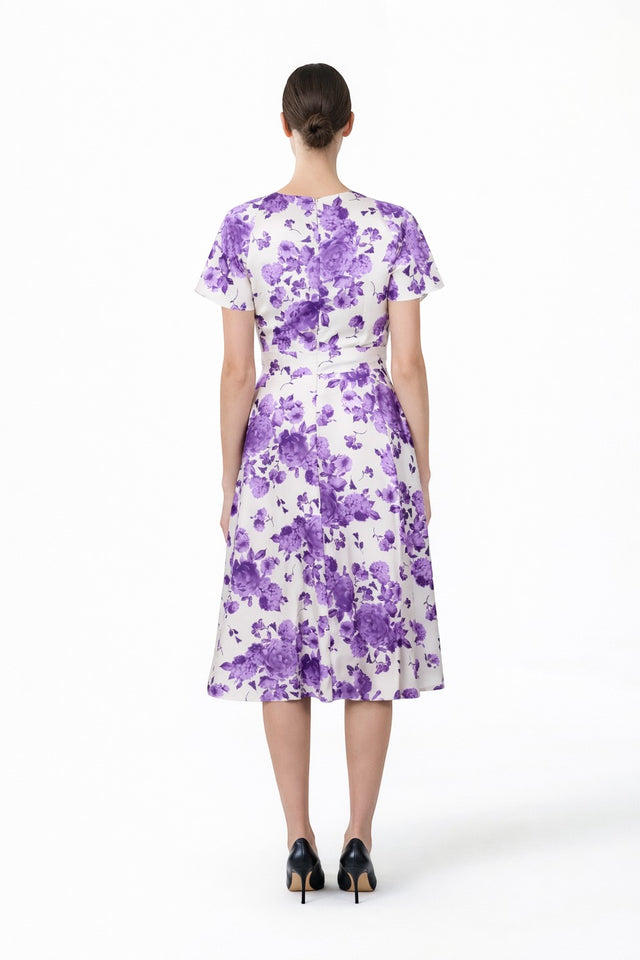 Mikael Aghal Ivory & Lavender Floral Print Short Sleeve Midi Dress with Tie Waist