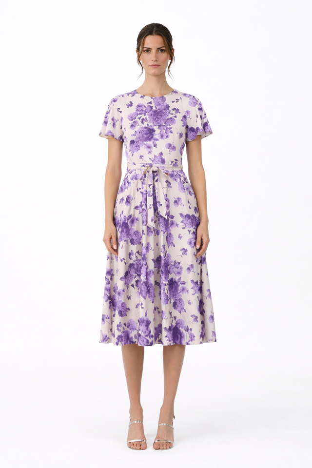 Mikael Aghal Ivory & Lavender Floral Print Short Sleeve Midi Dress with Tie Waist