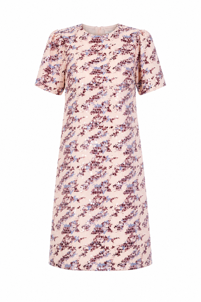 Mikael Aghal Sequin Embellished Mini Dress – Blush Multi Short Sleeve Dress