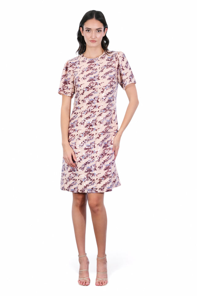 Mikael Aghal Sequin Embellished Mini Dress – Blush Multi Short Sleeve Dress
