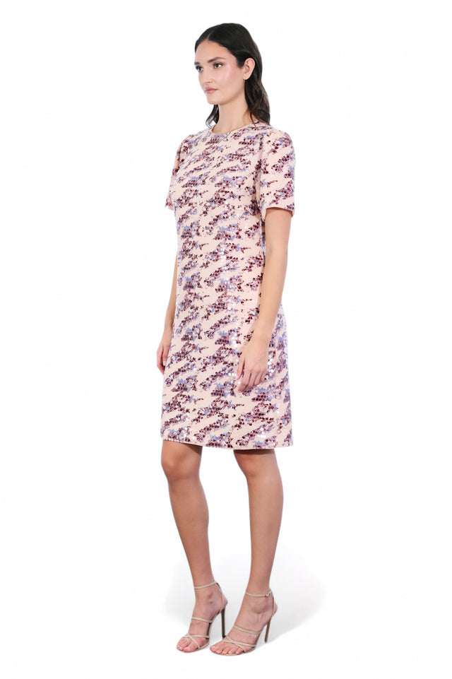 Mikael Aghal Sequin Embellished Mini Dress – Blush Multi Short Sleeve Dress