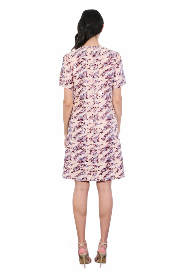 Mikael Aghal Sequin Embellished Mini Dress – Blush Multi Short Sleeve Dress