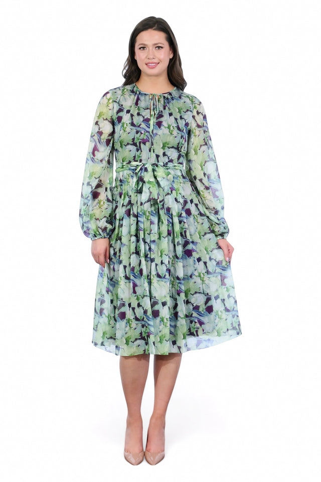 Mikael Aghal Floral Print Pleated Midi Dress