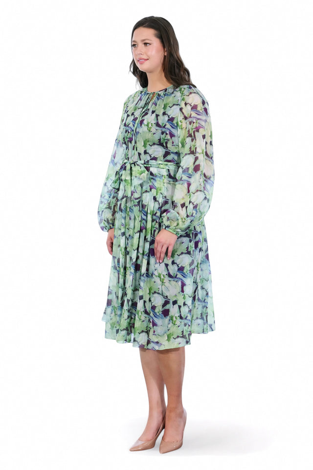 Mikael Aghal Floral Print Pleated Midi Dress