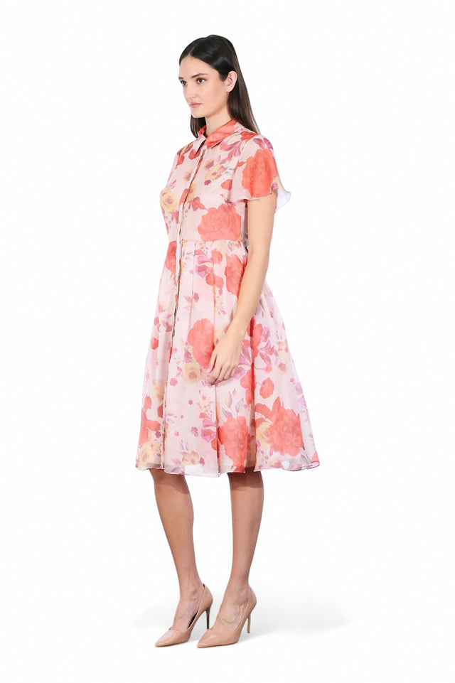 Mikael Aghal Floral Print Button Front Midi Dress