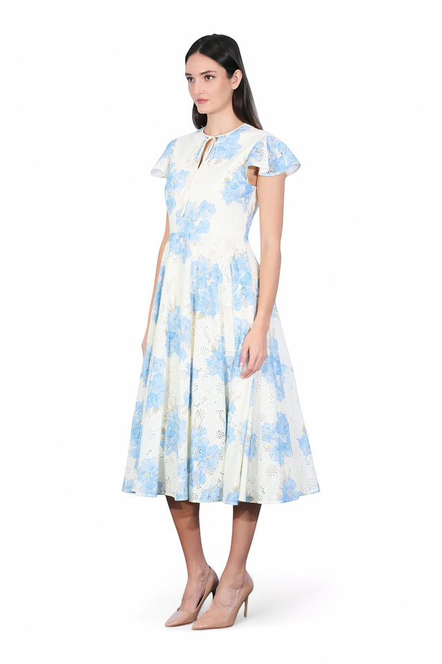 Mikael Aghal Embroidered Floral Midi Dress With Flutter Sleeves