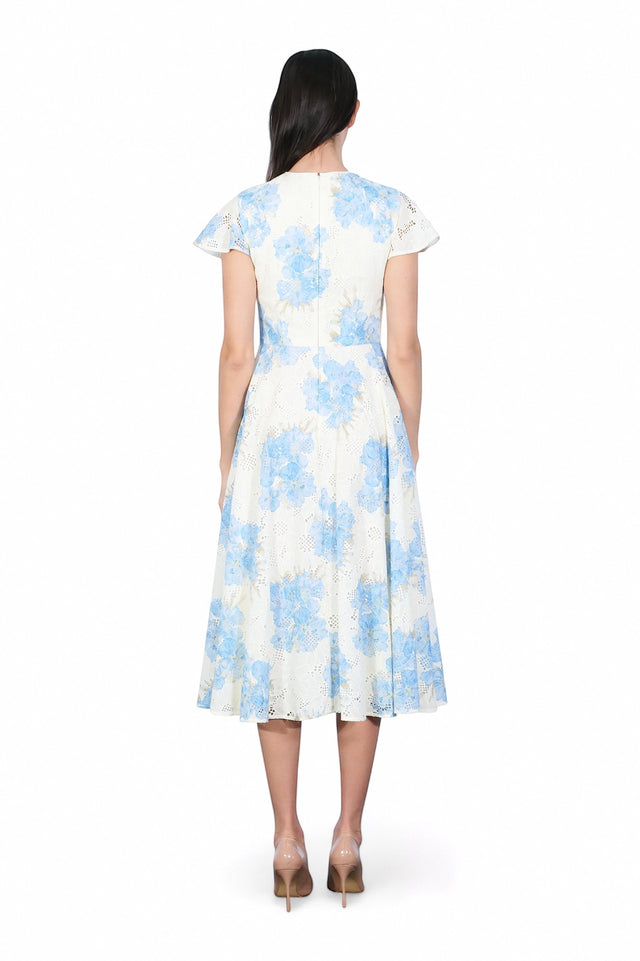 Mikael Aghal Embroidered Floral Midi Dress With Flutter Sleeves