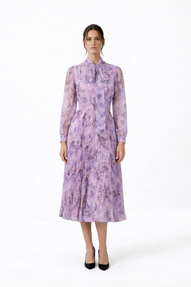 Mikael Aghal Lavender Floral Pleated Midi Dress with Tie Neck
