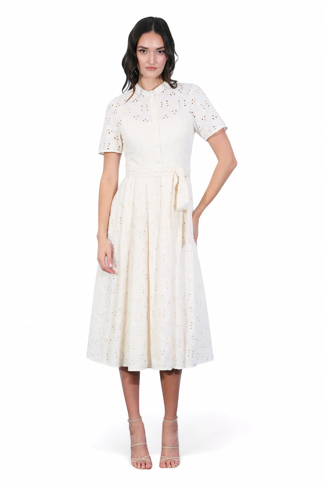 Mikael Aghal Ivory Eyelet Midi Dress with Short Sleeves and Tie Waist