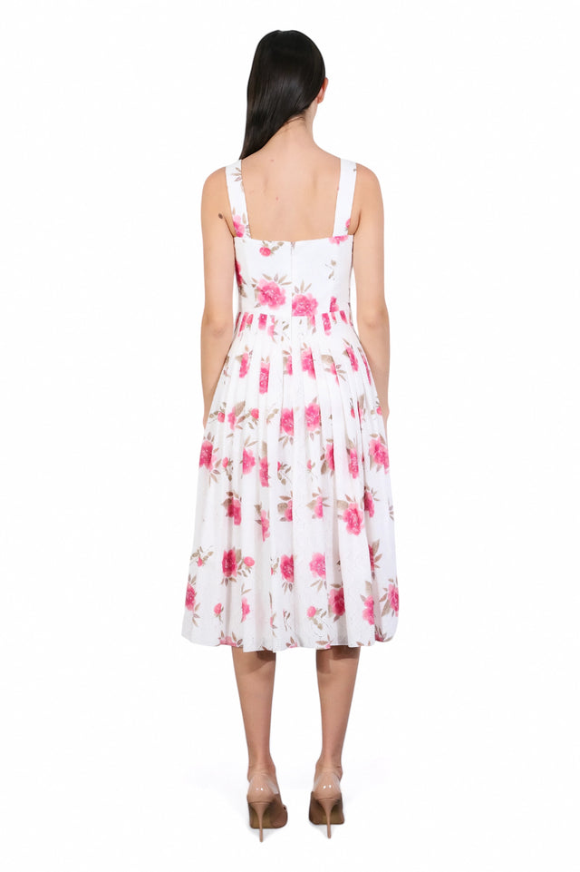 MSA Haute Couture white midi dress with pink floral print, square neckline, and pleated skirt.