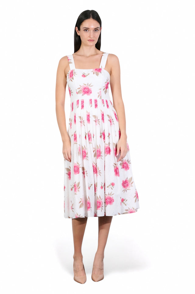 MSA Haute Couture white midi dress with pink floral print, square neck, and pleated bodice.