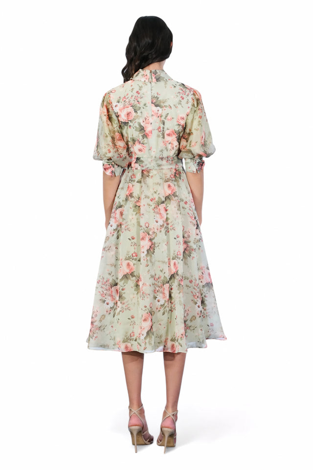 Mikael Aghal Sage Green Floral Shirt Midi Dress with Tie Waist