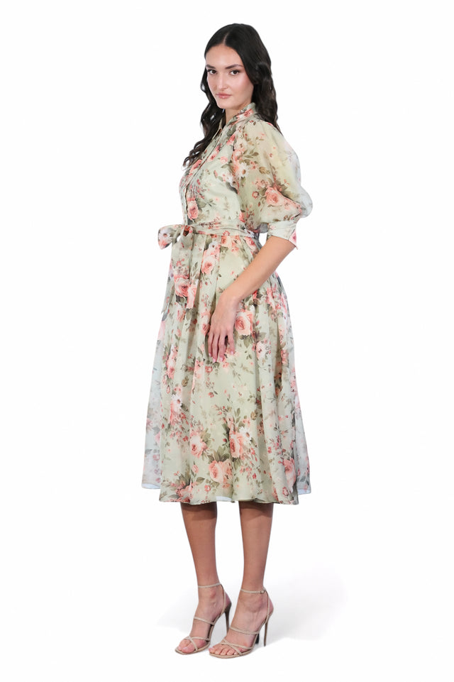 Mikael Aghal Sage Green Floral Shirt Midi Dress with Tie Waist