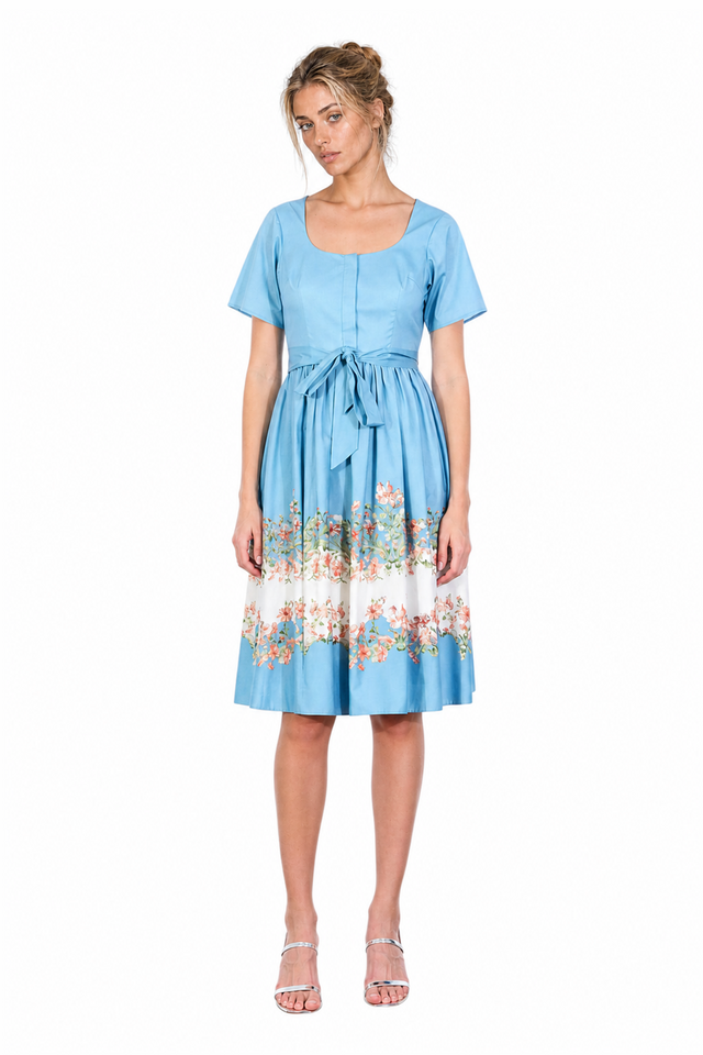 Mikael Aghal Floral Border Print Short-Sleeve Fit-and-Flare Dress in Cornflower Blue
