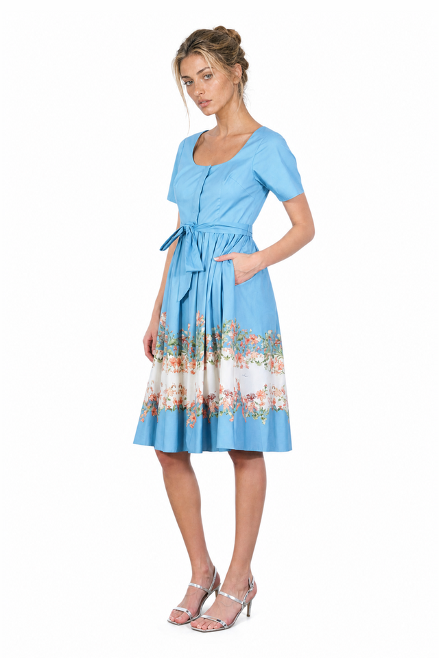 Mikael Aghal Floral Border Print Short-Sleeve Fit-and-Flare Dress in Cornflower Blue