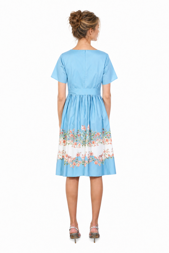 Mikael Aghal Floral Border Print Short-Sleeve Fit-and-Flare Dress in Cornflower Blue