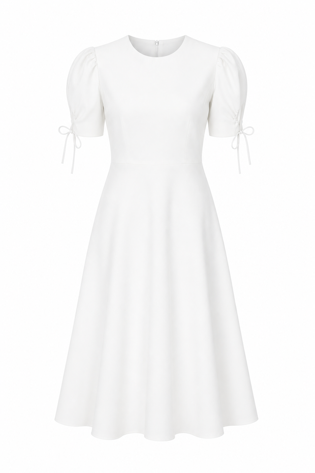 Mikael Aghal Puff Sleeve Midi Dress with Tie Detail – Black Fit & Flare Dress