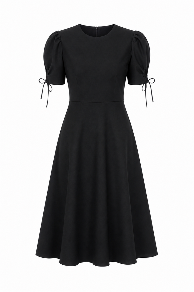 Mikael Aghal Puff Sleeve Midi Dress with Tie Detail – Black Fit & Flare Dress