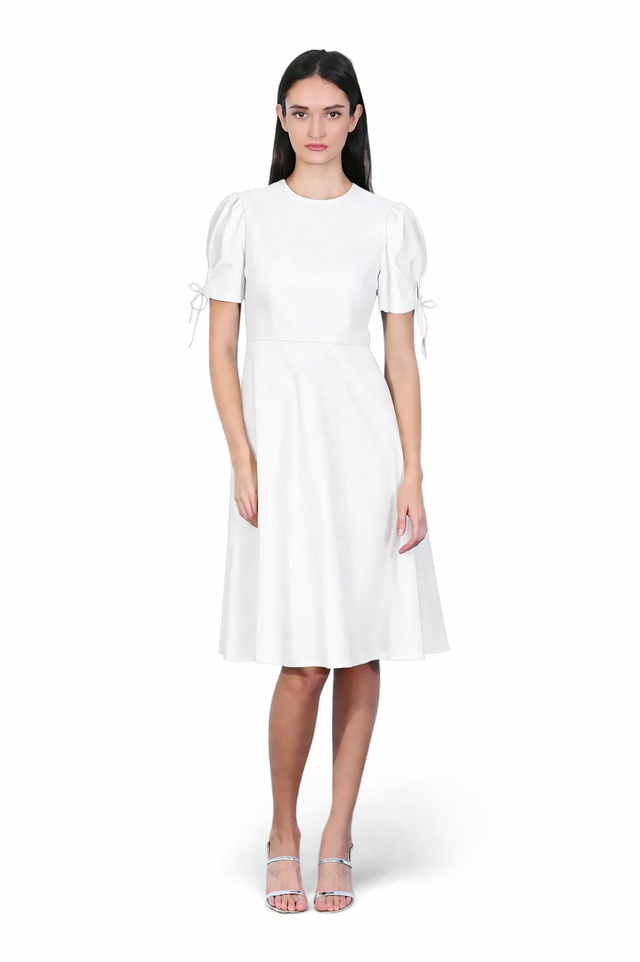 Mikael Aghal Puff Sleeve Midi Dress with Tie Detail – Black Fit & Flare Dress