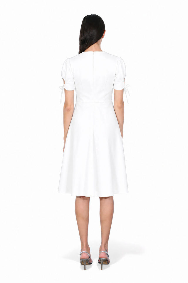 Mikael Aghal Puff Sleeve Midi Dress with Tie Detail – Black Fit & Flare Dress