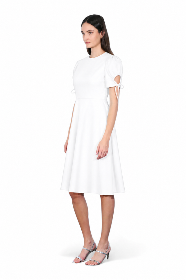 Mikael Aghal Puff Sleeve Midi Dress with Tie Detail – Black Fit & Flare Dress