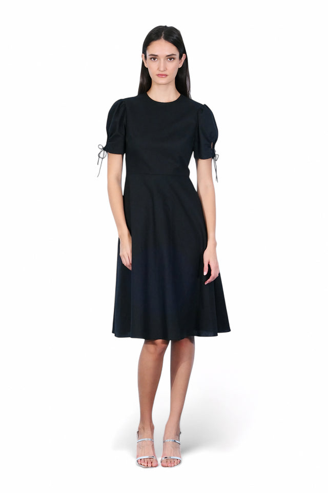 Mikael Aghal Puff Sleeve Midi Dress with Tie Detail – Black Fit & Flare Dress