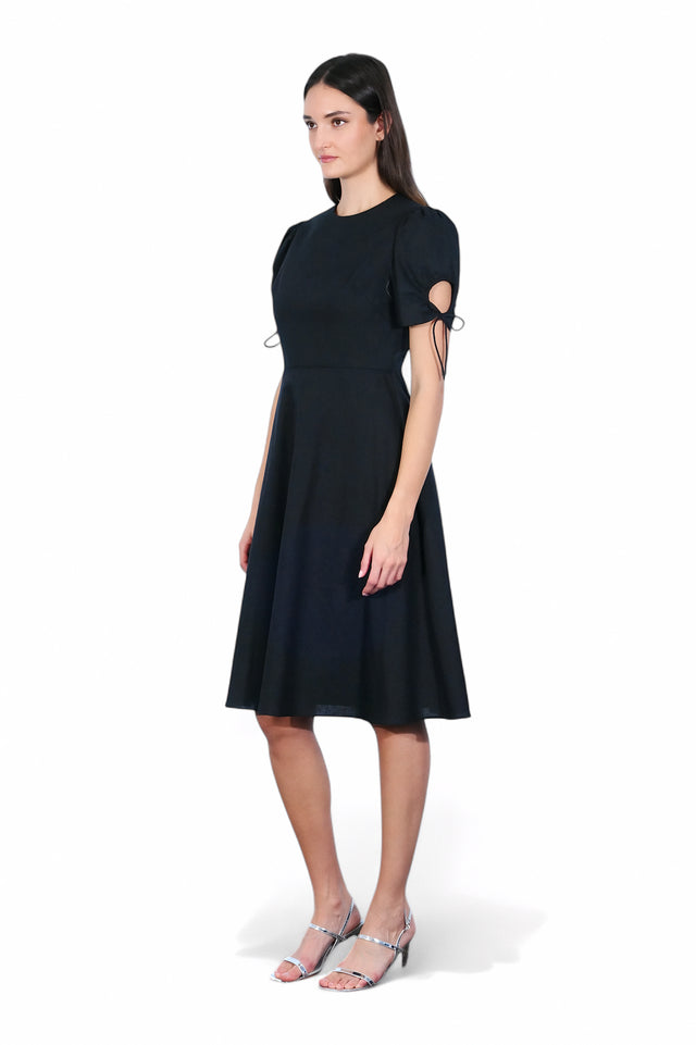 Mikael Aghal Puff Sleeve Midi Dress with Tie Detail – Black Fit & Flare Dress