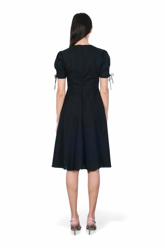 Mikael Aghal Puff Sleeve Midi Dress with Tie Detail – Black Fit & Flare Dress