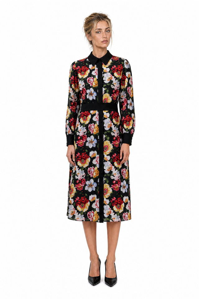 Mikael Aghal Women's Vibrant Floral Chiffon Long-Sleeve Shirt-Dress in Black Multicolor