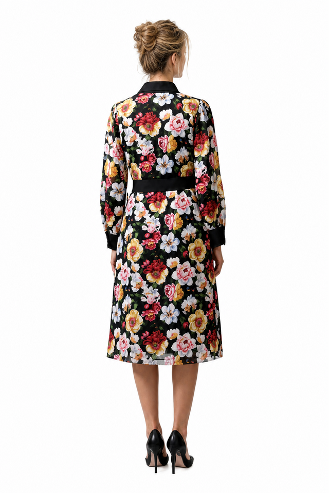 Mikael Aghal Women's Vibrant Floral Chiffon Long-Sleeve Shirt-Dress in Black Multicolor