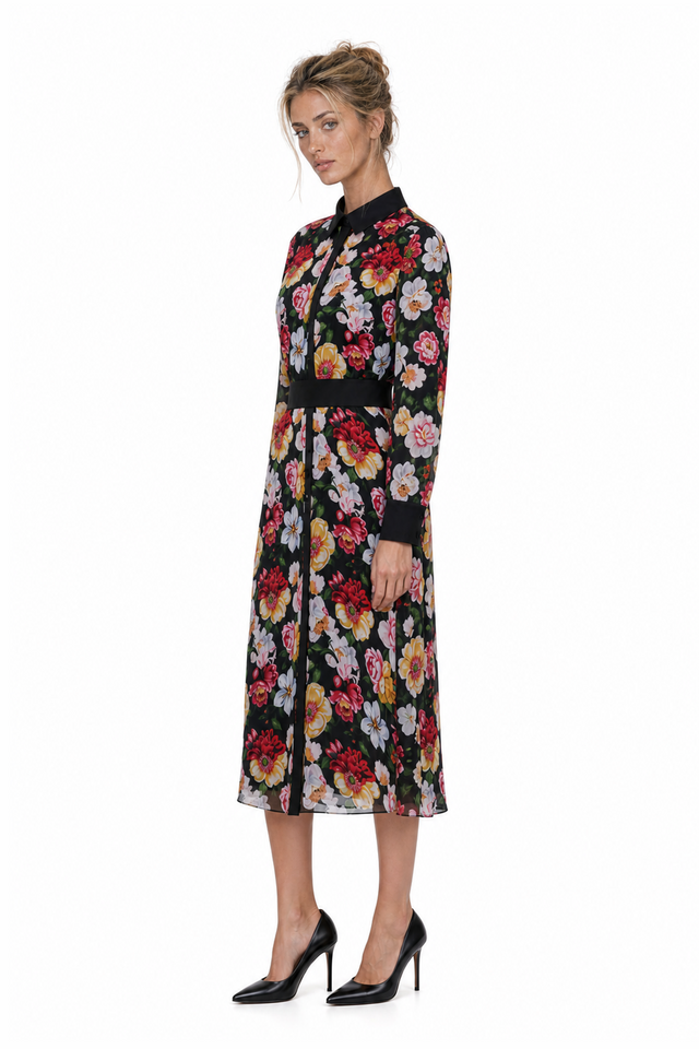 Mikael Aghal Women's Vibrant Floral Chiffon Long-Sleeve Shirt-Dress in Black Multicolor