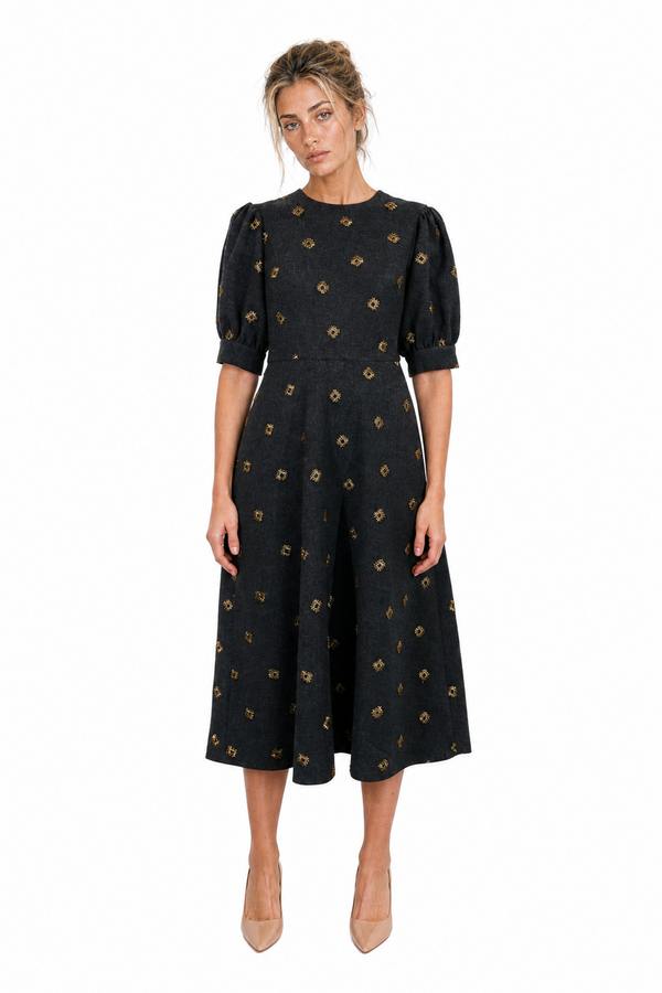 Mikael Aghal women's embroidered puff-sleeve midi dress in charcoal grey and gold