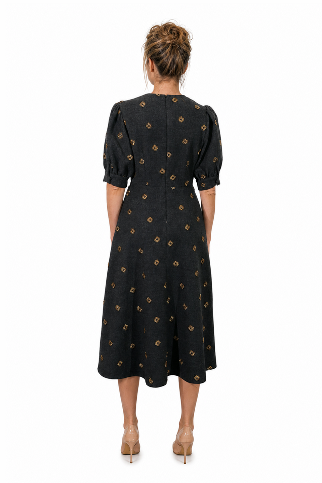 Mikael Aghal Women's Embroidered Puff Short-Sleeve Midi Dress in Charcoal Grey & Gold