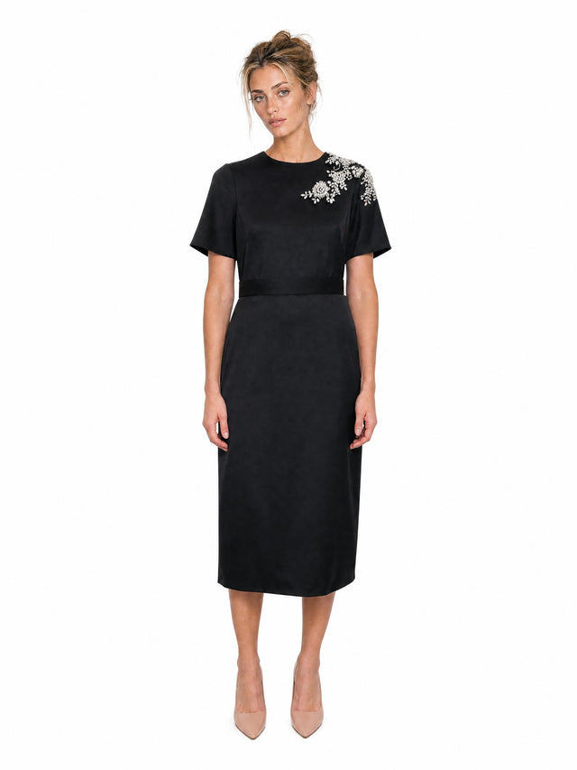 Mikael Aghal Women's Crystal Floral Beaded Short-Sleeve Midi Sheath Dress in Black