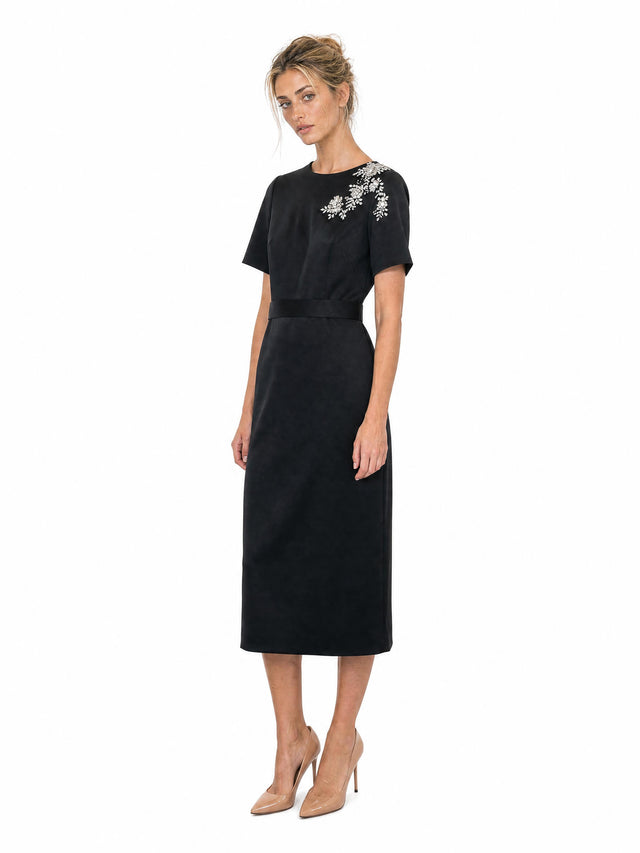 Mikael Aghal Women's Crystal Floral Beaded Short-Sleeve Midi Sheath Dress in Black