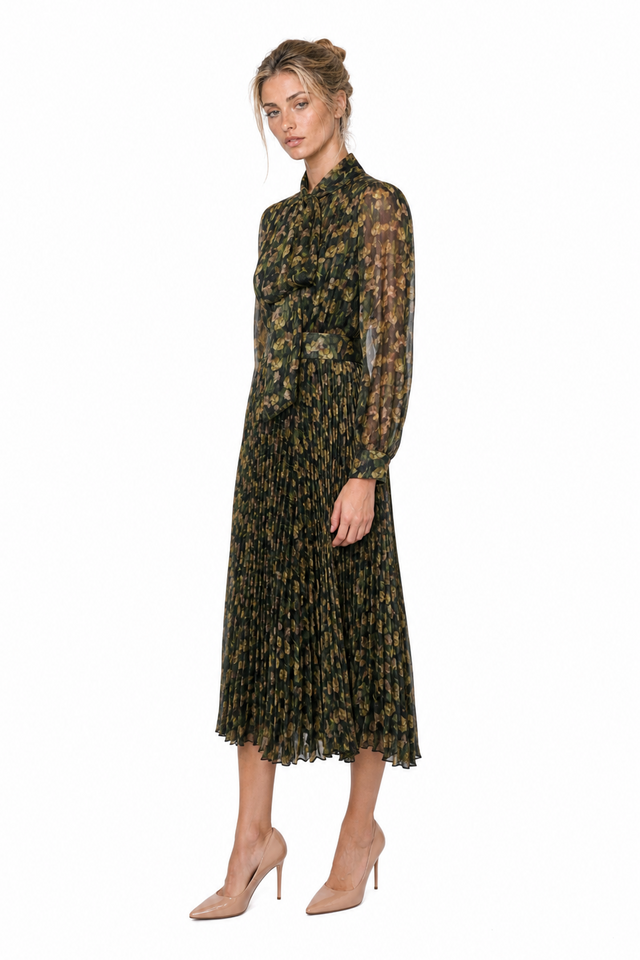 Mikael Aghal Women's Floral Chiffon Pleated Tie-Neck Midi Dress in Olive & Moss Green