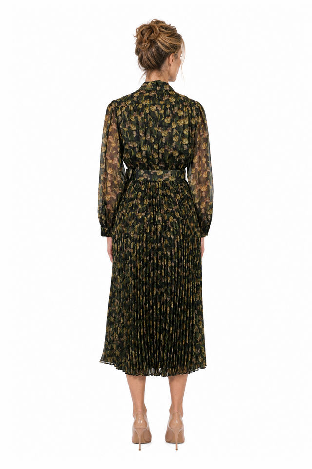Mikael Aghal Women's Floral Chiffon Pleated Tie-Neck Midi Dress in Olive & Moss Green