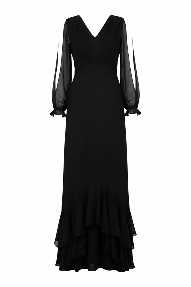 Mikael Aghal Black Gown with Sheer Split Sleeves and Ruffled Hem