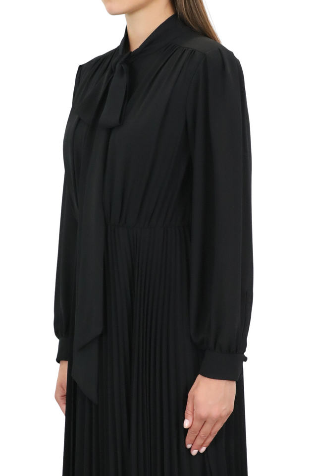 Mikael Aghal Pleated Bow-Tie Midi Dress in Black